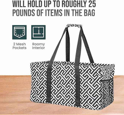 Extra Large Utility Tote Bag - Oversized Collapsible Reusable Wire Frame Rectangular Canvas Basket With Two Exterior Pockets For Beach, Pool, Laundry, Car Trunk, Storage - Geo Navy Blue