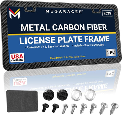 Premium Slim Carbon Fiber Design License Plate Frame – 1 Pack, Rust-Free Stainless Steel & Rattle-Free, Street Legal, Universal with Screw Caps Cover, Thin Metal Front or Rear Car Tag Holders for Men