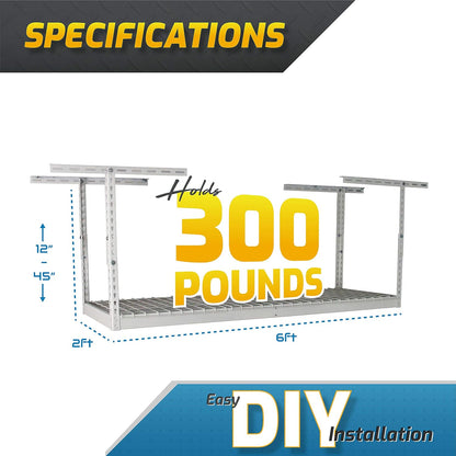 MonsterRax Overhead Garage Storage Rack 2 x 6 Ceiling Rack for Garage Shelving, Organization, & Storage, Adjustable Hanging Storage for Bikes, Equipment & Bins (White, 12"- 21" Ceiling Drop)