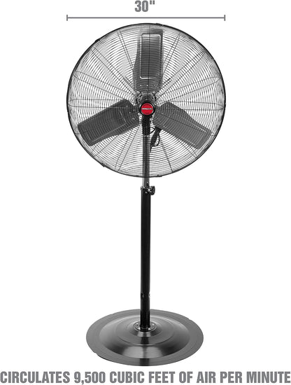OEMTOOLS OEM24885 30" Oscillating Pedestal Fan, Adjustable Height for Garage, Shop, Gym, Warehouse 9500 CFM Airflow, 3-Speed Enclosed Motor, 3 Aluminum Blades, Dust-Resistant Industrial Purpose