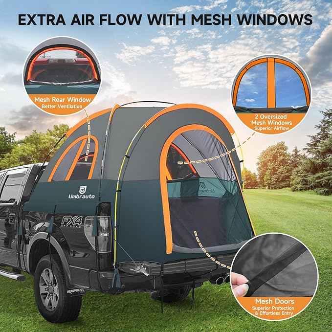 Truck Bed Tent 6.4' ~ 6.7' Easy Set Up Umburato Pickup Truck Tents for Camping, Waterproof PU3000mm Canopy for Truck Camper, Portable, Spacious for 2 Person Green