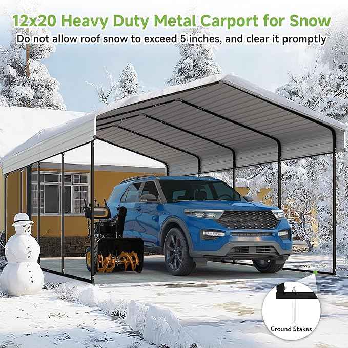 12x20FT Metal Carport,Heavy Duty Carport with Reinforced Frame and Galvanized Steel Roof, Large Outdoor Garage Shelter Shade Car Port for Pickup Trucks, Boats, Cars & Tractors, Farm Tools, Cream White