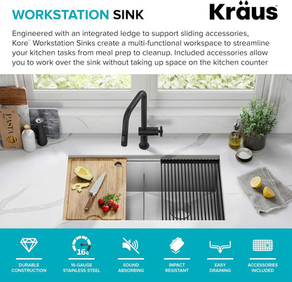 KRAUS Kore 33-Inch Undermount Workstation 16 Gauge Double Bowl Stainless Steel Kitchen Sink with Accessories, KWU112-33