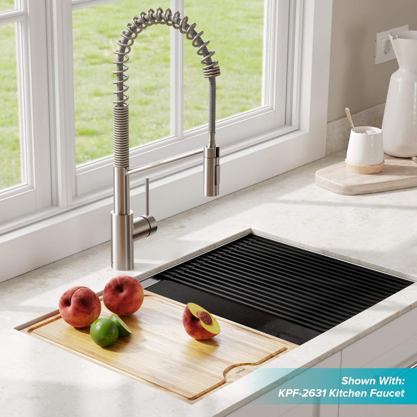 KRAUS Kore Workstation 27-inch Undermount 16 Gauge Stainless Kitchen Sink, Single Bowl Kitchen Sink with 3/4 HP Garbage Disposal, KWU110-27-100-75MB