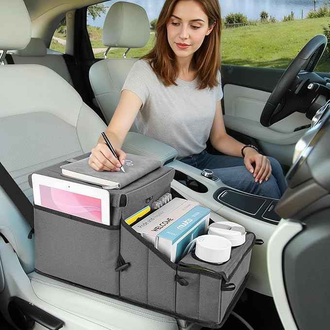 COOLBEBE Car Seat Organizer, Backseat Car Organizer with Cup Holders for Kids and Adults Travel, Cooler Compartment Passenger Seat Organizer Storage Box for Front or Middle Seat, Grey