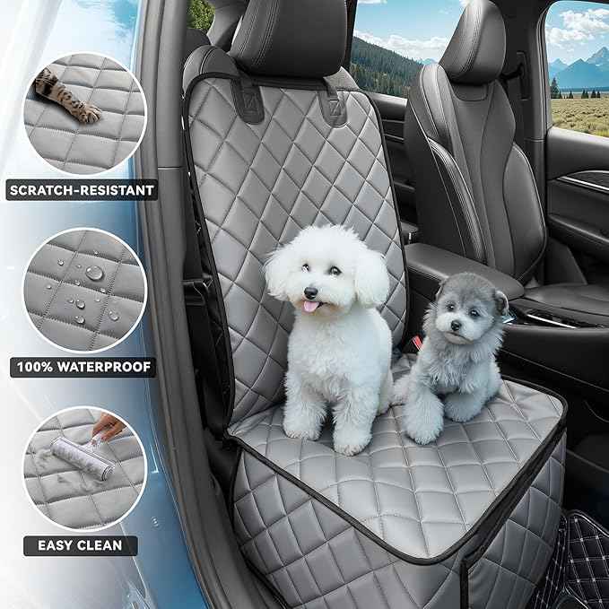 Waterproof Car Front Seat Cover for Dogs, PU Leather Car Seat Protector for Pets,Nonslip Scratchproof Front Passenger seat Covers Fits for Cars, Trucks, SUVs (Grey, Front Seat Cover)