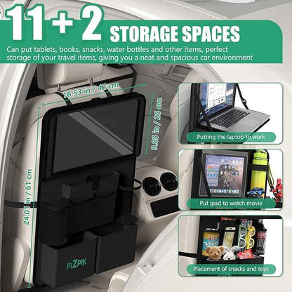 Car Backseat Organizer with Tablet Holder,11 Storage Pockets with Foldable Food Tray, Protector Kick Mats for Kids, Travel Accessories Organizer (Black, 1Pack with Food Tray)