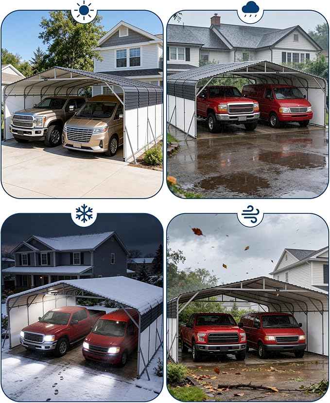 20x25FT Heavy Duty Metal Carport,Outdoor Portable Car Garage w/Led Light,Removable PE SideReinforced Base & Galvanized Steel Roof, Outdoor Car Port Canopy Shelter for Boats, Trucks