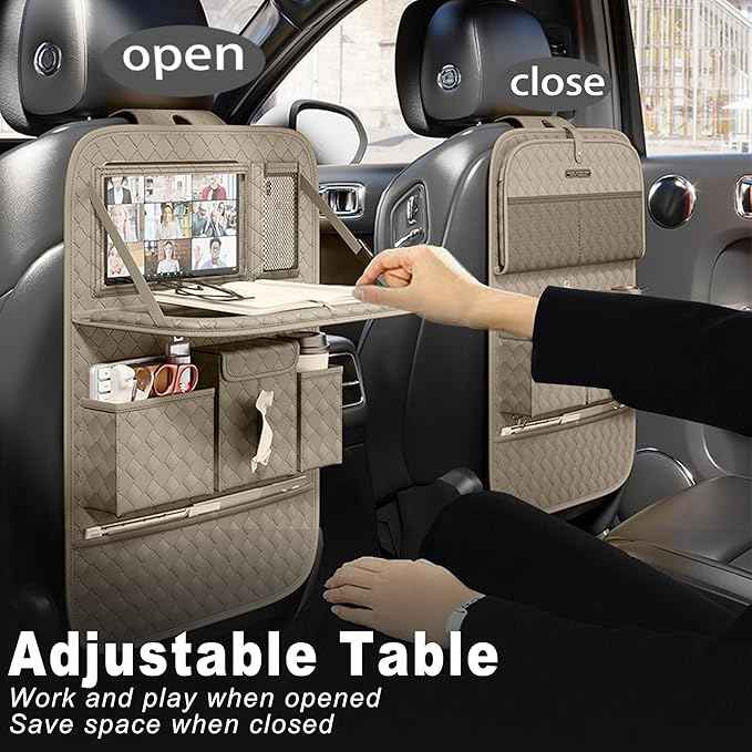 Car Seat Organizers,Multi-functional Back Seat Protectors, Storage Pouches, and Tray Holders (for Cars, Kids, Seat Back and Rear Seats) (Woven Beige, 1 Pcs)