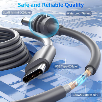 Starlink Mini Cable 10FT/3M DC Power Cable Type C to DC Replacement 18AWG for Starlink Accessories Charging Cord Waterproof