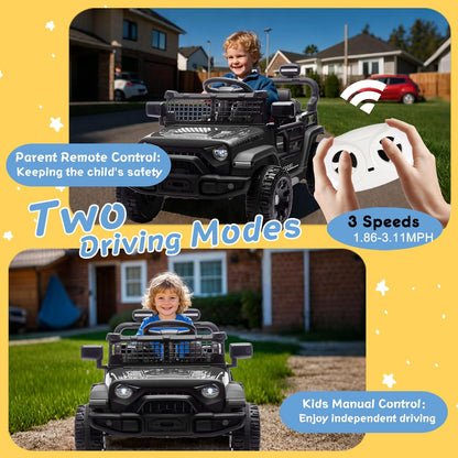 24V Ride on Toys with Parents Control, Ride on Truck Car with Four-Wheel Suspension, Electric Vehicles for Kids, Power Display, Bluetooth, MP3, Music, LED Headlight, 1.86-3.11MPH (Black) - AutoBay