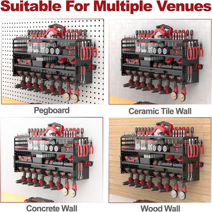 Power Tool Organizer Wall Mount, 4 Tier Tool Storage Rack with 8 Cordless Drill Holders, Heavy Duty Power Tool Shelf for Garage Organization Workshop