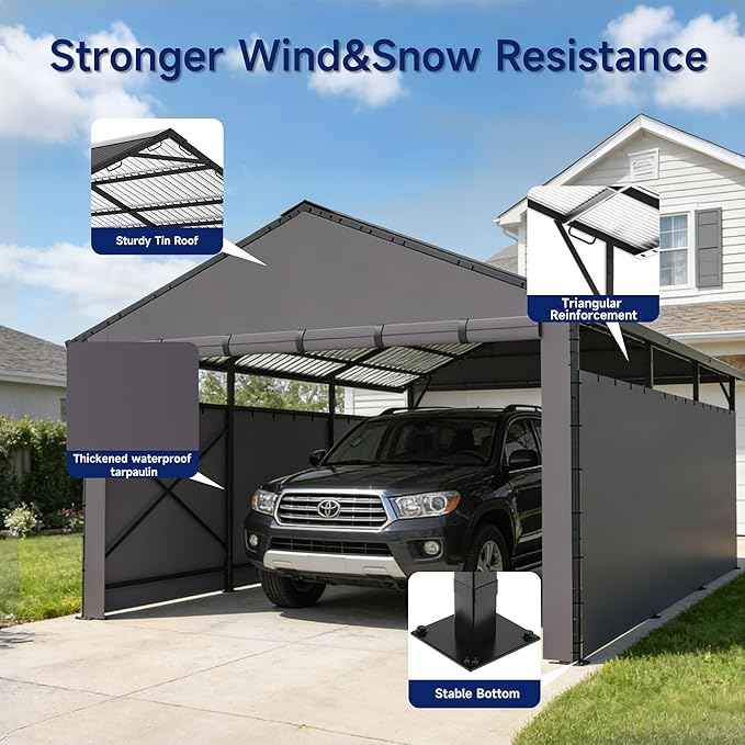 22x11 FT Heavy Duty Metal Carport with Oxford Cloth Enclosure,Reinforced Frame&Steel Roof for All-Weather Use,for Pickup Trucks,Outdoor Storage Canopy(Black)