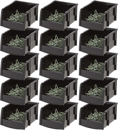 IRIS USA Stackable Bins, 5.5 x 4.5 x 3 inch, Plastic Hanging Open Front Shelf Bin Storage Organizer for Hardware, Craft Supplies, Small Parts, Nuts and Bolts, Garage Organization, 15 Pack- XS, Black