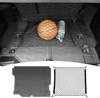 Trunk Mat with Net for 2018-2025 Jeep Wrangler JL Unlimited 4X4 Accessories All Weather Protection Rear Trunk Liner Cargo Net for 18-25 JL JLU Gas Type 4 Door(Not for 4XE)