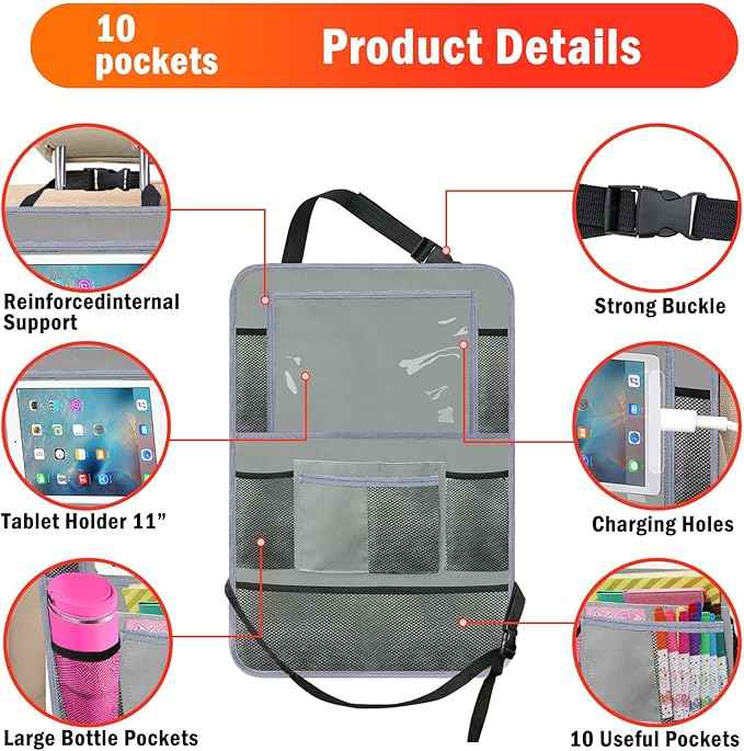 Car Backseat Organizer ，2 Pack Car Organizer Back Seat with 11" Tablet Holder, 10 Storage Pockets Seat Back Protectors Kick Mats for Kids Toddlers, Travel Accessories (Grey)