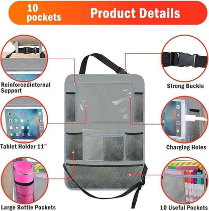 Car Backseat Organizer ，2 Pack Car Organizer Back Seat with 11" Tablet Holder, 10 Storage Pockets Seat Back Protectors Kick Mats for Kids Toddlers, Travel Accessories (Grey)