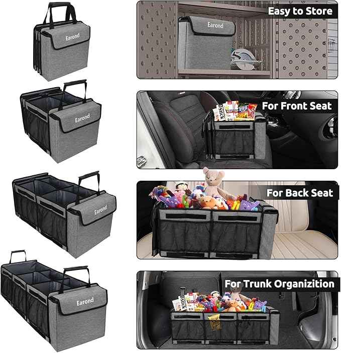 Collapsible Trunk Organizer with Insulated Leakproof Cooler Bag,Removable Lid,Adjustable Securing Straps,3 Compartments Trunk Organizer for SUV,Truck,Sedan(Light Grey)