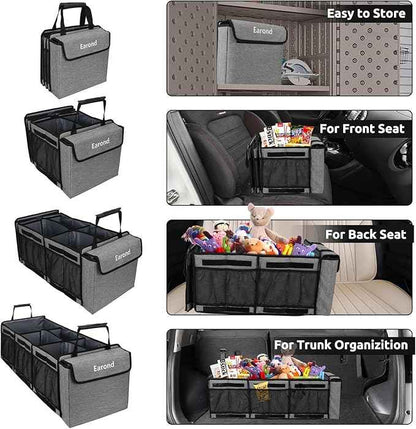 Collapsible Trunk Organizer with Insulated Leakproof Cooler Bag,Removable Lid,Adjustable Securing Straps,3 Compartments Trunk Organizer for SUV,Truck,Sedan(Light Grey)