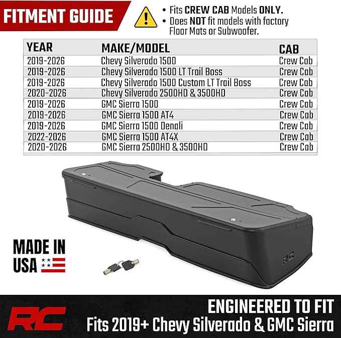 Rough Country Under Seat Storage for Chevy Silverado & GMC Sierra 1500/2500HD/3500HD Crew Cab (2019-2026) - Custom Rear Under Seat Organizer Tray with Lockable Lid