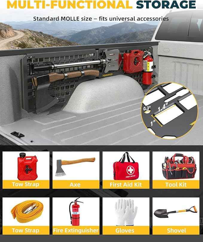 Aluminum Side Bed MOLLE Panel Fit for 2014–2018 Chevy Silverado 5.8FT, Easy No-Drill Install, Heavy-Duty Truck Bed Organizer Rack System for Tools Gear Accessories