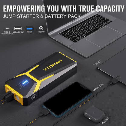 VTOMAN V10 Pro 4500A Jump Starter, Portable Car Starter (All Gas, 10.0L Diesel Engine) 12V Lithium Jump Box, Battery Booster Power Pack, Car Battery Charger Jumper with Type C Quick Charge, LED Lights