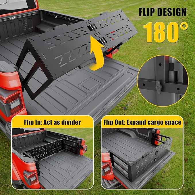 Truck Bed Extender Compatible with 2020-2026 Jeep Gladiator Flip-Over Pickup Bed Divider Aluminum Alloy Rotatable Tailgate Extension for 2025 Gladiator Accessories