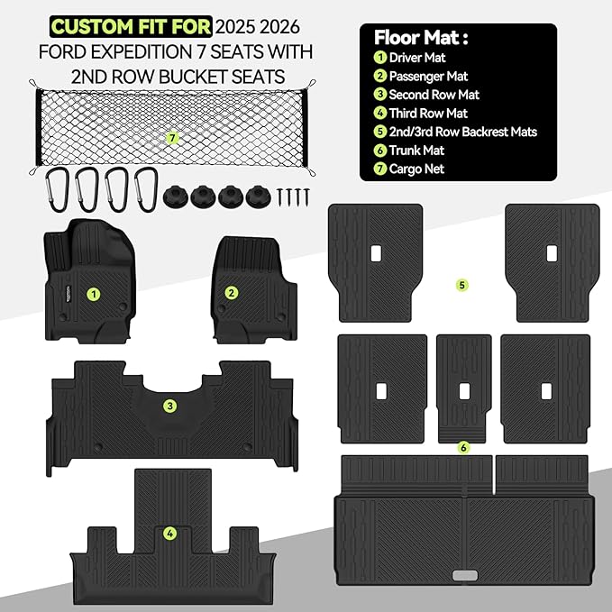 Tongama-Floor Mats for 2025 2026 Ford Expedition 7 Seats with 2nd Row Bucket Seats, All Weather TPE Trunk Mat and 2nd & 3rd Backrest Mats Protectors and Cargo Net for Ford Expedition Accessories