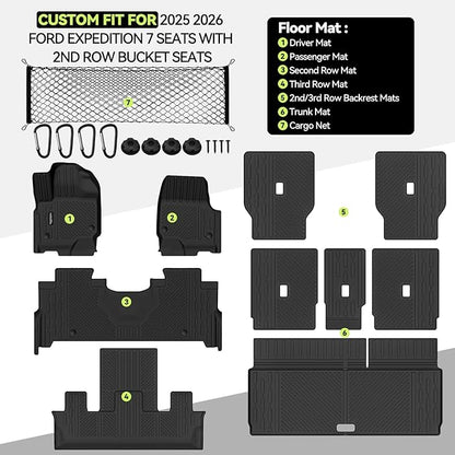 Tongama-Floor Mats for 2025 2026 Ford Expedition 7 Seats with 2nd Row Bucket Seats, All Weather TPE Trunk Mat and 2nd & 3rd Backrest Mats Protectors and Cargo Net for Ford Expedition Accessories