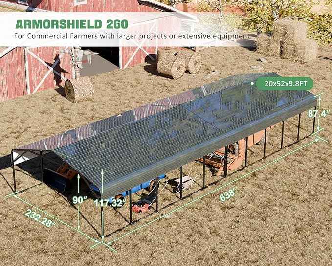 20x52 FT Ultra-Long Industrial Carport Kit, All-Weather Steel Garage for Class A RVs,Farm Equipment, 120lbs/Sq.Ft Snow Wind Resistant Carports Modular Canopy with Anti-Snow Roof Auger Anchoring System