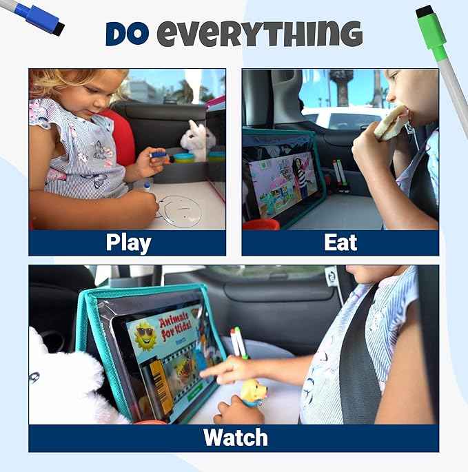 Kids Travel Tray with Dry Erase Board - Car Seat Tray for Kids Travel, Carseat Table Top for Toddler, Lap Desk for Car Seat, Activity Organizer & Snack Holder, Road Trip Essentials for Kid (Gray)