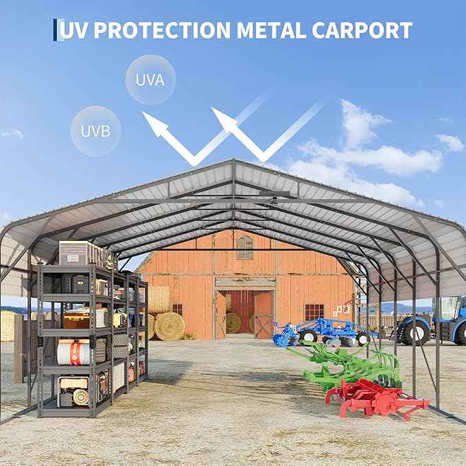 20x25FT Metal Carport w/Led Light,Outdoor Portable Car Garage for Multiple Vehicles,Reinforced Base & Galvanized Steel Roof, Outdoor Car Port Canopy Shelter for Boats, Full-Sized Pickup Trucks