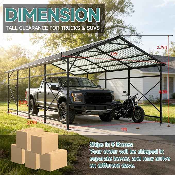 Redlife 11x21 FT Metal Carport, Heavy Duty Steel Frame Garage Shelter with Sloped Metal Roof, 3-Layer 201D Oxford Fabric Sidewalls, UV & Snow Resistant Outdoor Car Canopy for Cars, Trucks & Boats