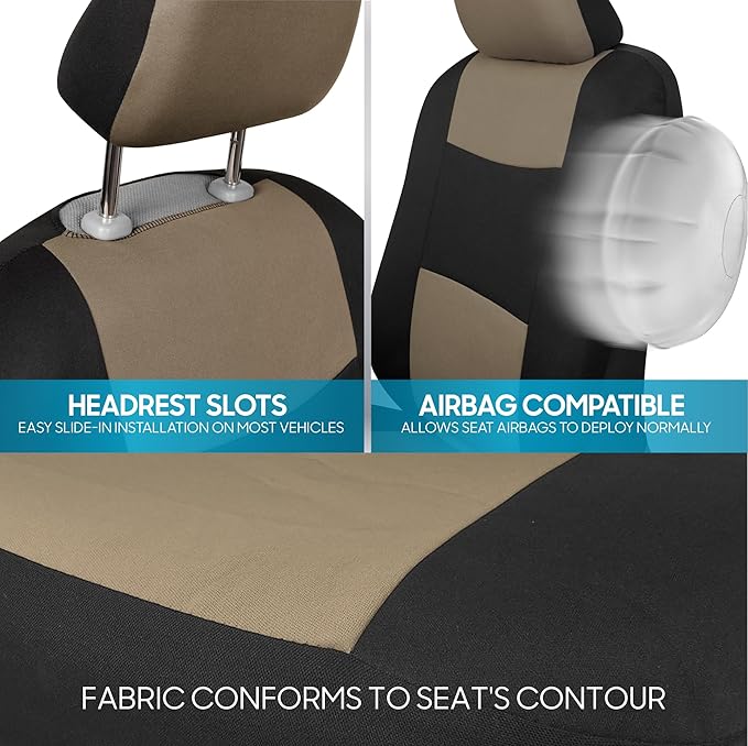 BDK PolyPro Beige Car Seat Covers Full Set with 4-Piece Car Floor Mats - Two-Tone Seat Covers for Cars with Carpet, Interior Covers for Auto Truck Van SUV