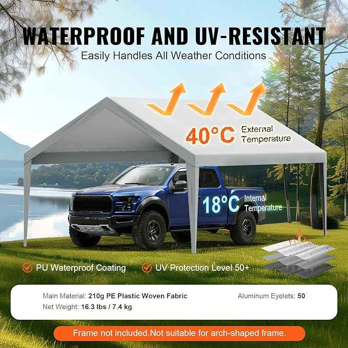 VEVOR Carport Replacement Canopy Cover 13 x 20 ft, Garage Top Tent Shelter Tarp Heavy-Duty Waterproof & UV Protected, Easy Installation with Ball Bungees,Grey (Only Top Cover, Frame Not Include)