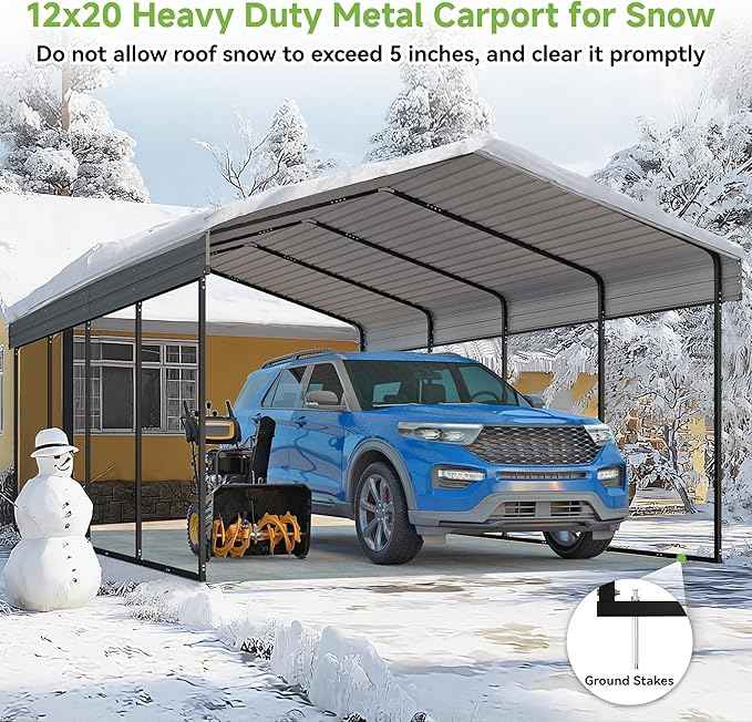 12x20FT Metal Carport,Heavy Duty Carport with Reinforced Frame and Galvanized Steel Roof, Large Outdoor Garage Shelter Shade Car Port for Pickup Trucks, Boats, Cars & Tractors, Farm Tools, Party,Gray