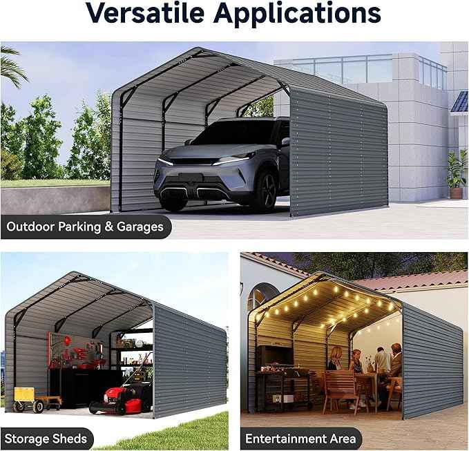 10x15FT Heavy Duty Metal Carport,Outdoor Garage with Metal Side Panels, Enclosed Car Ports with Heavy Duty Steel Frame and Galvanized Roof for Cars and Boats, Equipment Storage,Tools, Gray