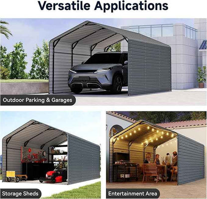 10x15FT Heavy Duty Metal Carport,Outdoor Garage with Metal Side Panels, Enclosed Car Ports with Heavy Duty Steel Frame and Galvanized Roof for Cars and Boats, Equipment Storage,Tools, Gray