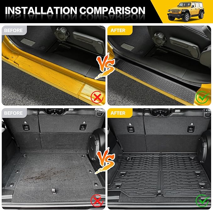 Trunk Mat with Door Sill Guards for 2018-2025 Jeep Wrangler JL Unlimited 4X4 Accessories All Weather Rear Trunk Liner Door Sill Protector for 18-25 JL JLU Gas Type 4 Door(Not for 4XE)