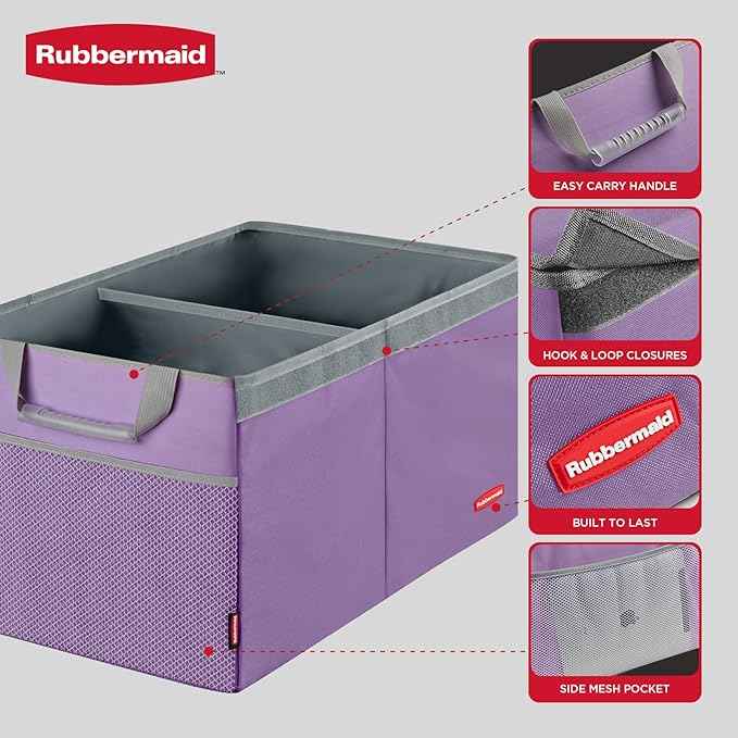 Rubbermaid Car Organizer, Collapsible Trunk Organizer, Multi-Compartment Car Storage Organization for Car Accessories, 2 Compartments With Cover, 21.65"*14.17"*12.2" - Purple