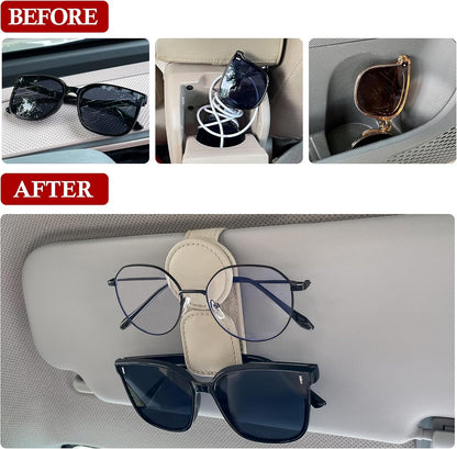 KIWEN Sunglasses Holder for Car Visor, Magnetic Leather Sunglass Eyeglass Hanger Clip for Car Sun Visor Accessories (1, Beige)