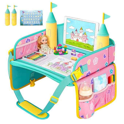 MENZOKE Car Seat Tray with 2 Removable Castle Towers, Carseat Tray for Toddler Girls Gifts Age 4–5, Kids Travel Tray for Kids,Foldable Snack Table with Storage Pockets for Road Trip,Pink & Green