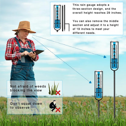 Rain Gauge Outdoor, Freeze Proof Rain Gauges Outdoors Best Rated, 7" Capacity Large Clear Font and Scale Rain Guage with Long Stake for Yard Garden, Rain Water Meter with Two Plastic Replacement Tube