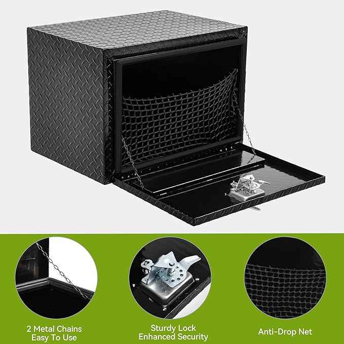 AUTOSAVER88 24 Inch Underbody Tool Boxes, Heavy Duty Aluminum Diamond Plate Toolbox Organizer, Waterproof Chest Storage Box with Lock for Trucks, Trailers, RVs, Warehouses, Black