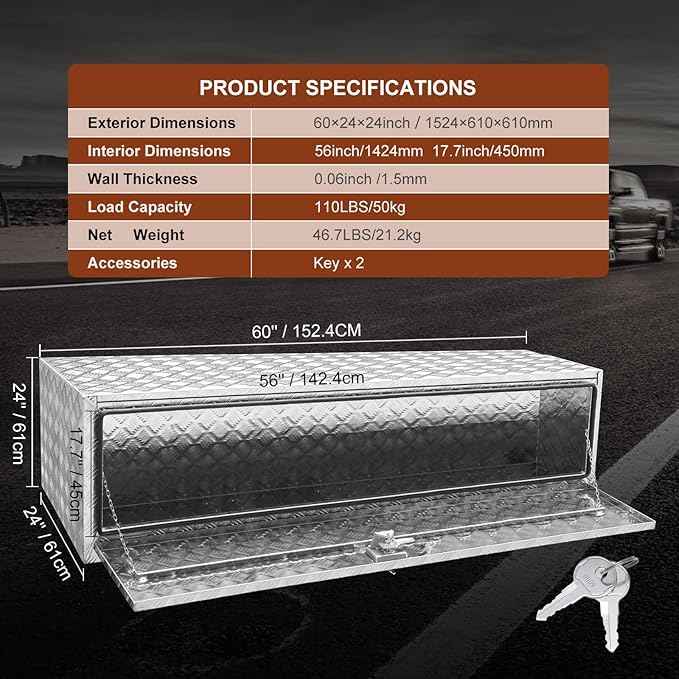 VEVOR Underbody Truck Box, 60"×24"×24" Pickup Storage Box, Heavy Duty Aluminum Diamond Plate Tool Box with Lock and Keys, Waterproof Trailer Storage Box with T-Handle Latch for Truck, Van, Trailer