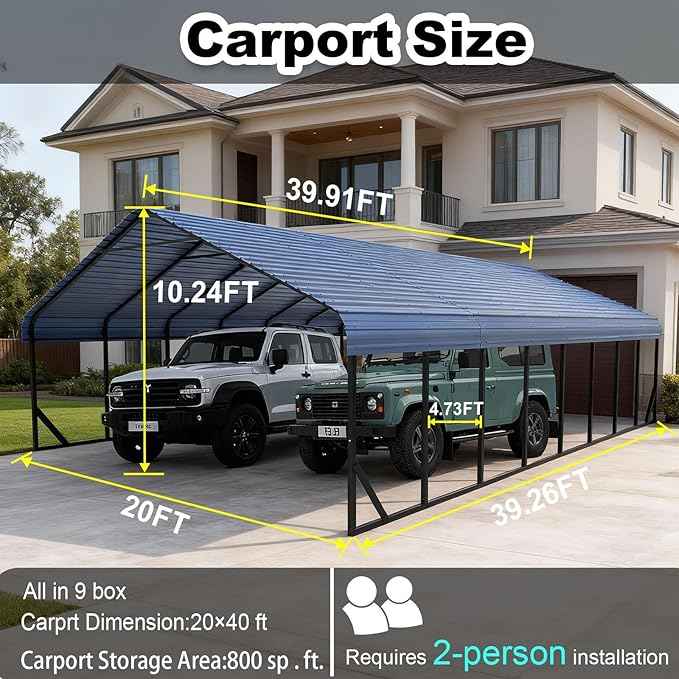 20x40 FT Heavy Duty Metal Carport with Galvanized Steel Roof & Frame - All-Weather Portable Garage Shelter for 4 Cars, Safe Boat Cover & Yard Protection