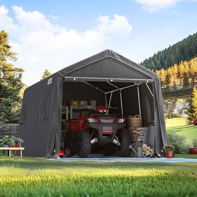 ADVANCE OUTDOOR 10X15 ft Garage Shelter Steel Metal Peak Roof Portable Storage Shed Carport for Motorcycle Boat, or Garden Tools with 2 Roll up Doors & Vents, Gray