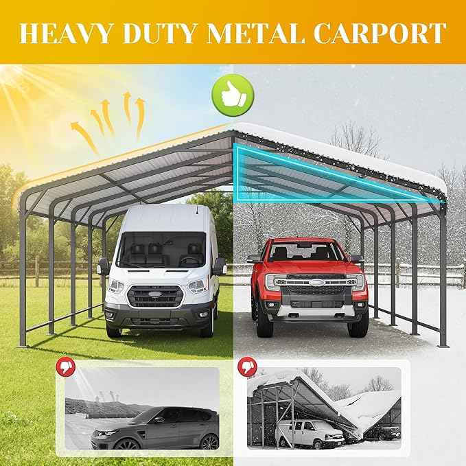 20x20 FT Metal Carport for 2 Cars, Heavy Duty Canopy Carport with Updated Roof & Enhanced Base, Garage Vertaile for RV Car, Truck, Boat, Tractors, Party, Grey
