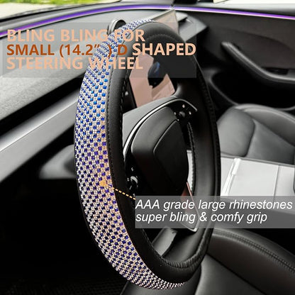 PINCTROT Bling Comfy Steering Wheel Cover for Tesla Model Y/3 Highland/Juniper, D Shaped 14 Inch Small Sized with Jumbo Crystal Rhinestones, Flat Bottom with Anti-Slip Diamond Leather (Blue)