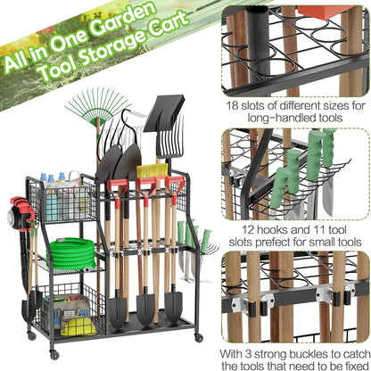 Garden Tool Organizer for Garage, 3 Tier Utility Yard Tool Organizer and Storage Holder with Wheels, Large Garden Tool Rack with Extra Storage Basket for Shed/Garage/Yard/Basement/Lawn